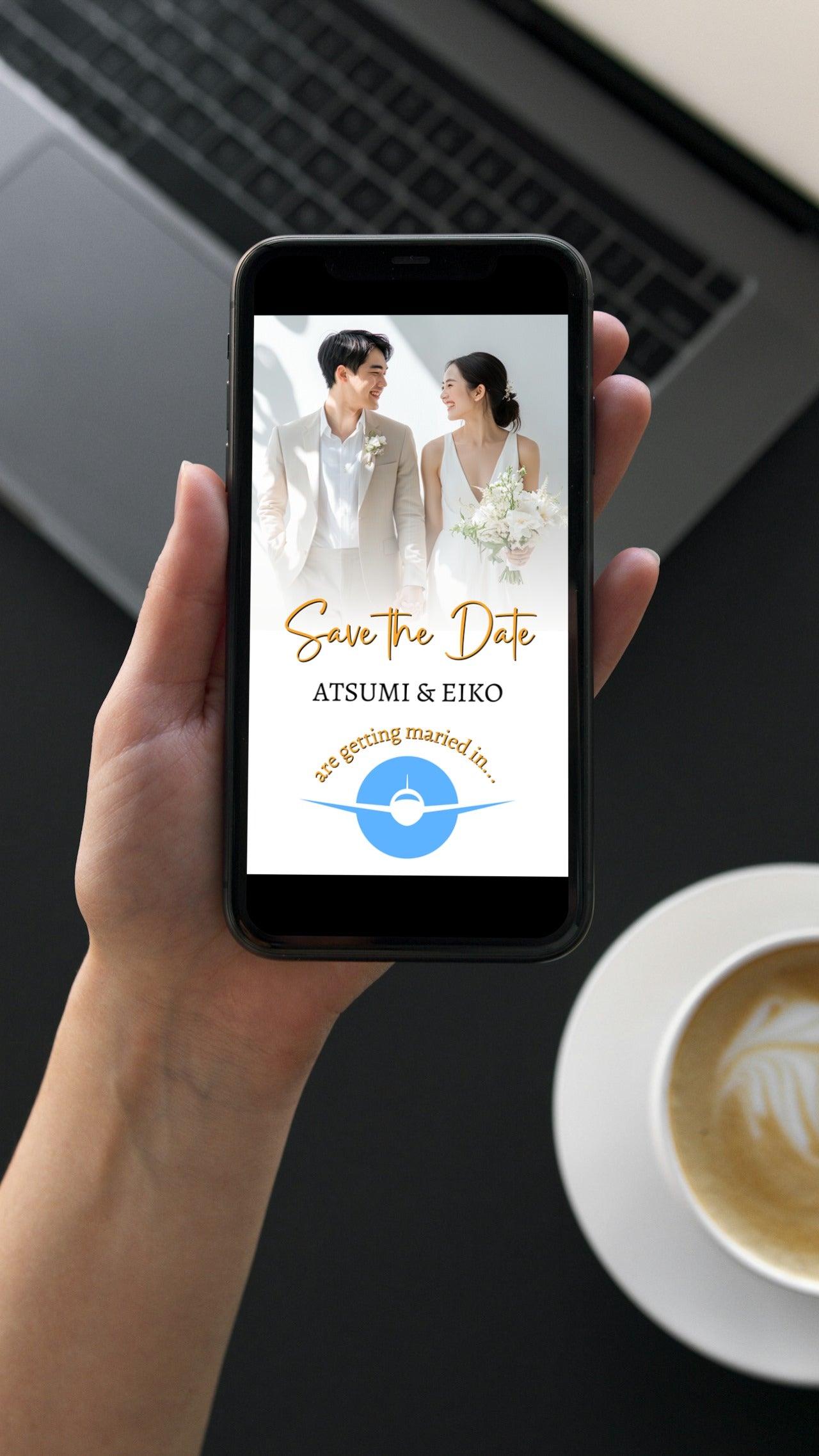 Hand holding a smartphone displaying a Tropical Destination Wedding Save the Date Video Invitation, highlighting its customizability via Canva for easy personalization and sharing.