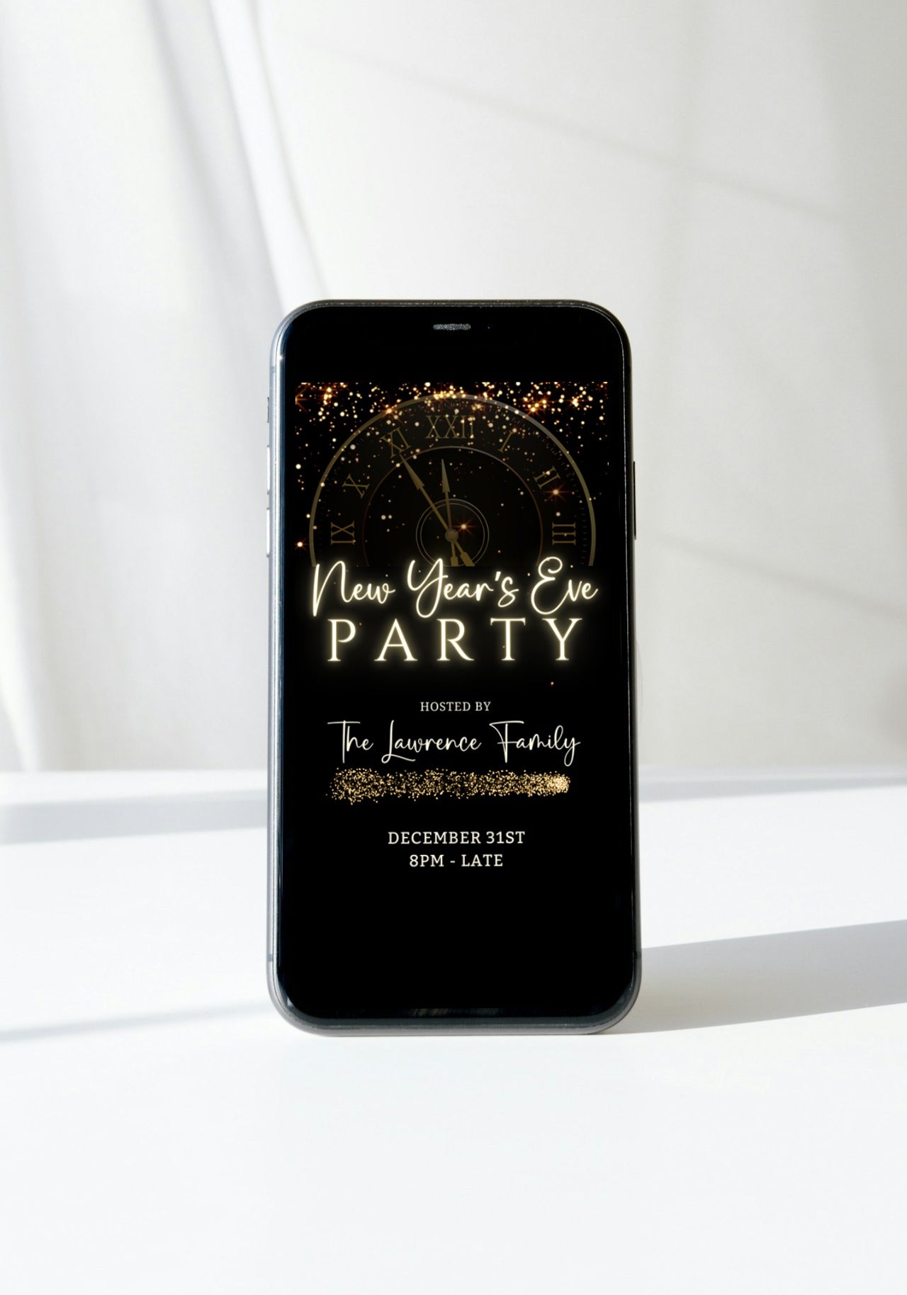 Countdown Clock New Year’s Eve Party Animated Invitation displayed on a smartphone screen, showcasing customizable digital invitation features for easy personalization and electronic sharing.