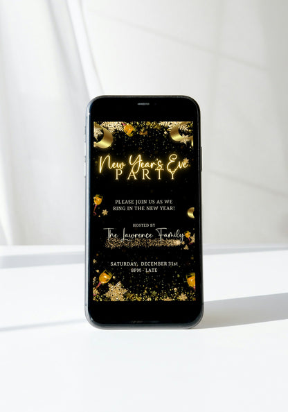 Champagne Theme Glitter New Year’s Eve Animated Party Invitation displayed on a smartphone screen, showcasing elegant golden accents and customizable celebratory text.