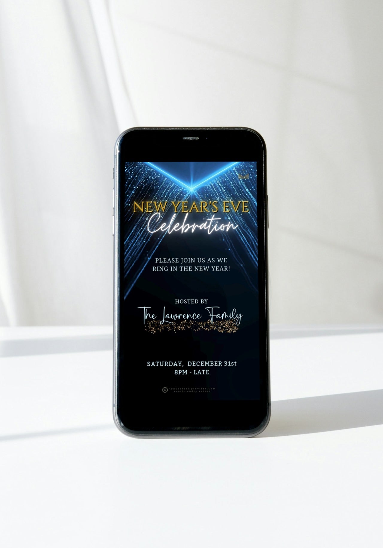 Dazzling Blue Gold New Year’s Eve Celebration Video Invitation displayed on a mobile phone screen, featuring festive text and customizable party details for electronic sharing.