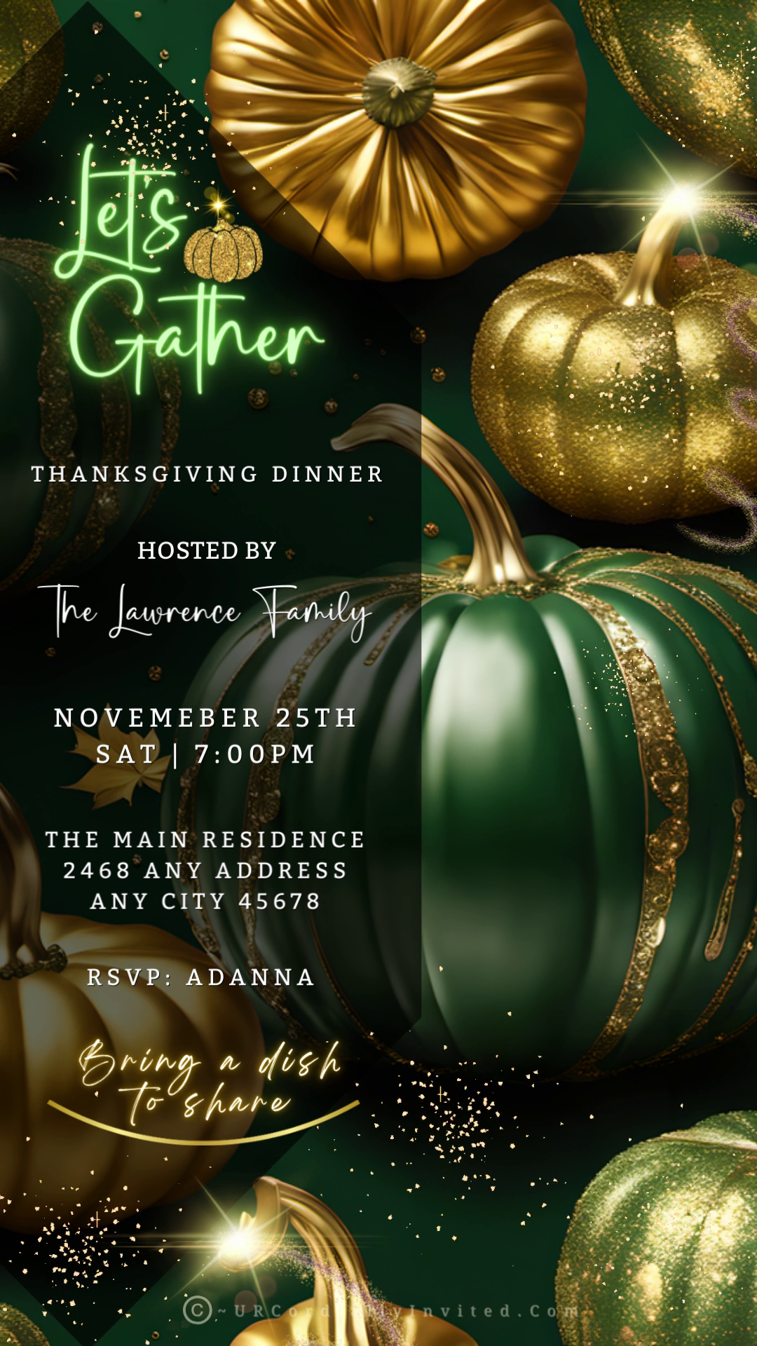 Green Gold Pumpkin Glitter Thanksgiving Dinner Video Invite template, customizable with Canva, featuring green and gold pumpkins, available for digital sharing via text, email, or social media.