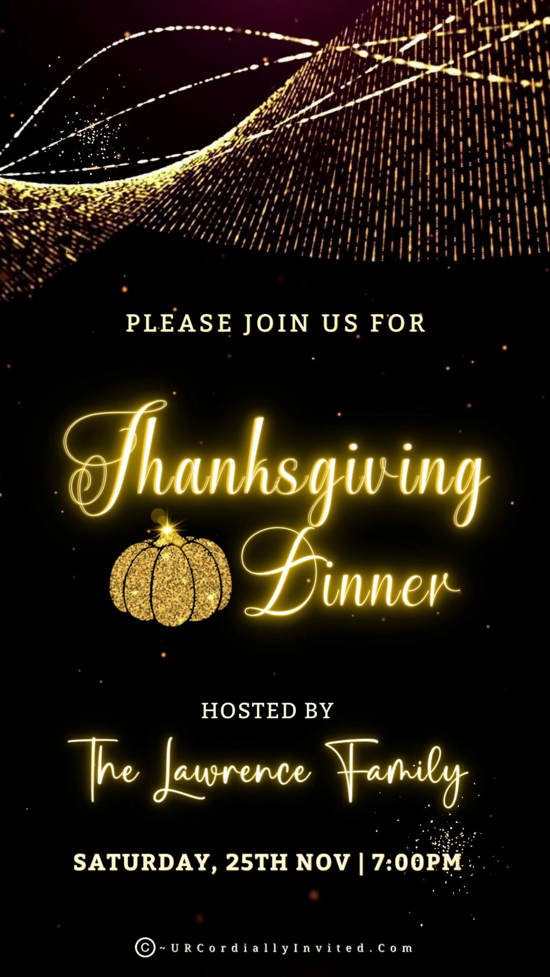 Gold Pumpkin Motion Glitter | Thanksgiving Dinner Video Invite featuring a black and gold pumpkin design with fireworks and customizable text.