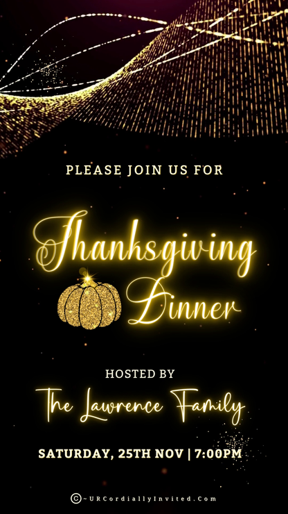 Gold Pumpkin Motion Glitter | Thanksgiving Dinner Video Invite featuring a black and gold pumpkin design with fireworks and customizable text.