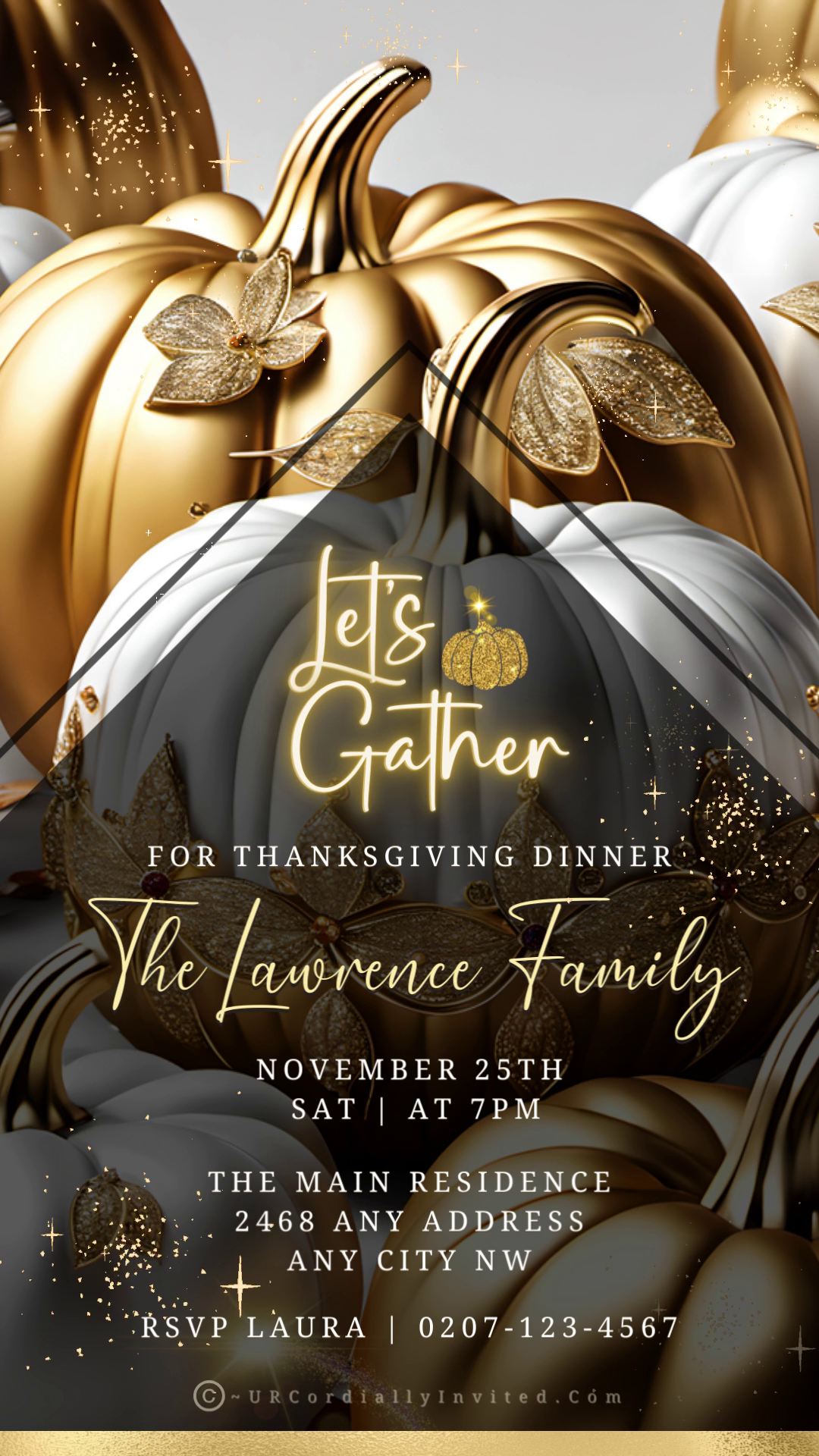 Thanksgiving dinner invitation featuring gold pumpkins, glittering leaves, and event details for November 25th. Elegant digital invite by URCordiallyInvited.