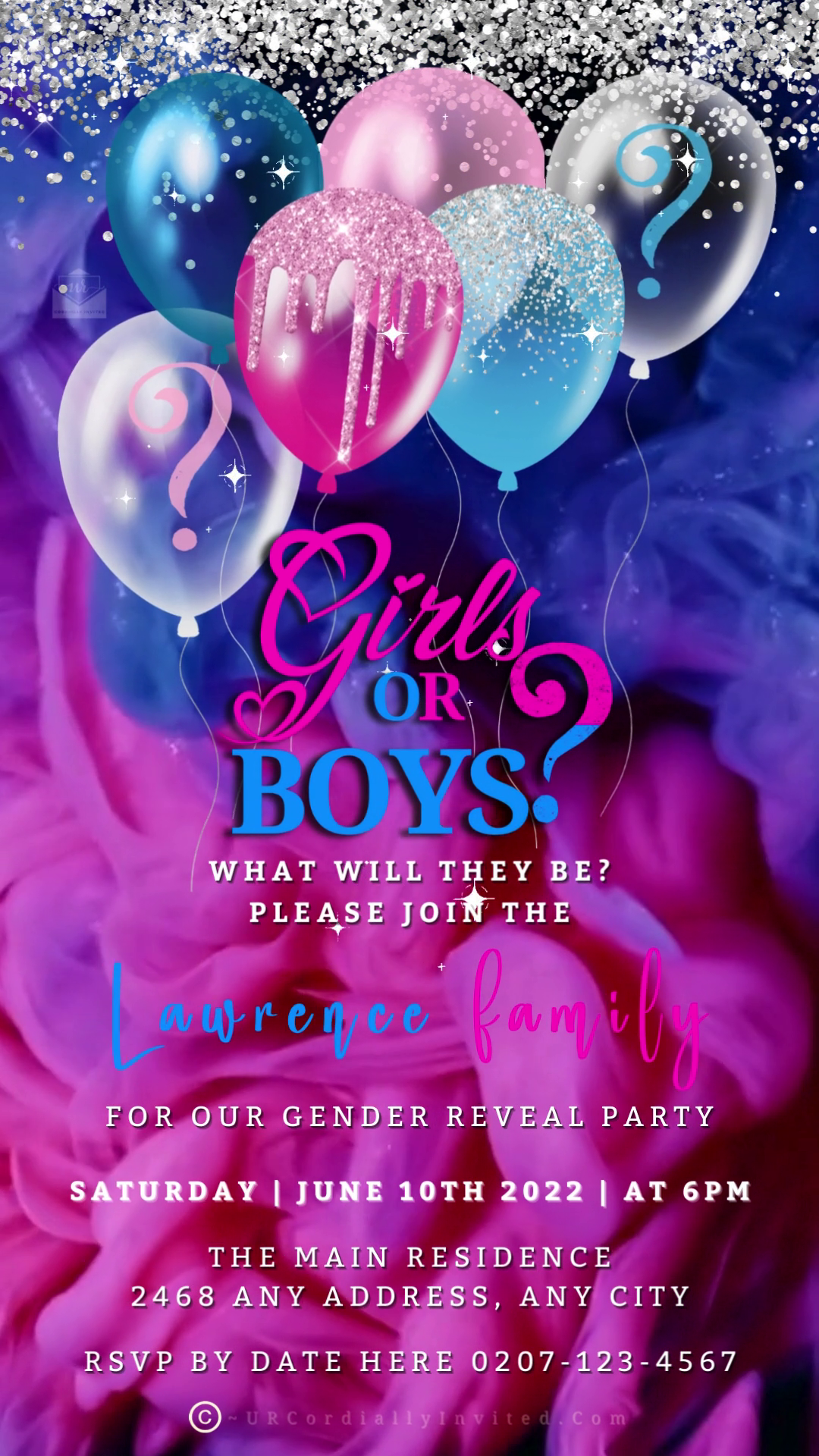 Twins Balloon Blue Pink Ink Confetti | Digital Gender Reveal Invite featuring customizable pink and blue balloons with glitter and a question mark design, downloadable for smartphone use.