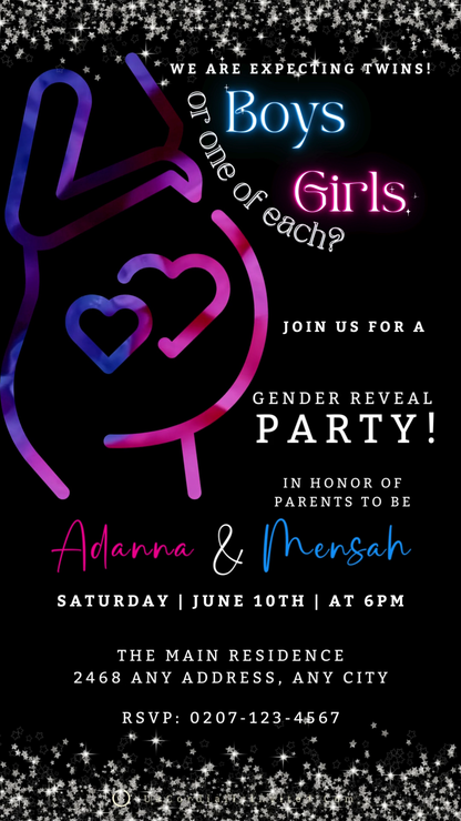 Twins Glowing Pregnant Mom | Digital Gender Reveal Invite, customizable with text and heart designs, ideal for sharing via text, email, or social media.