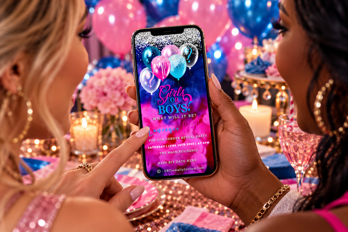 Two people viewing a twins gender reveal digital invitation featuring blue and pink ink balloons and confetti on a phone.