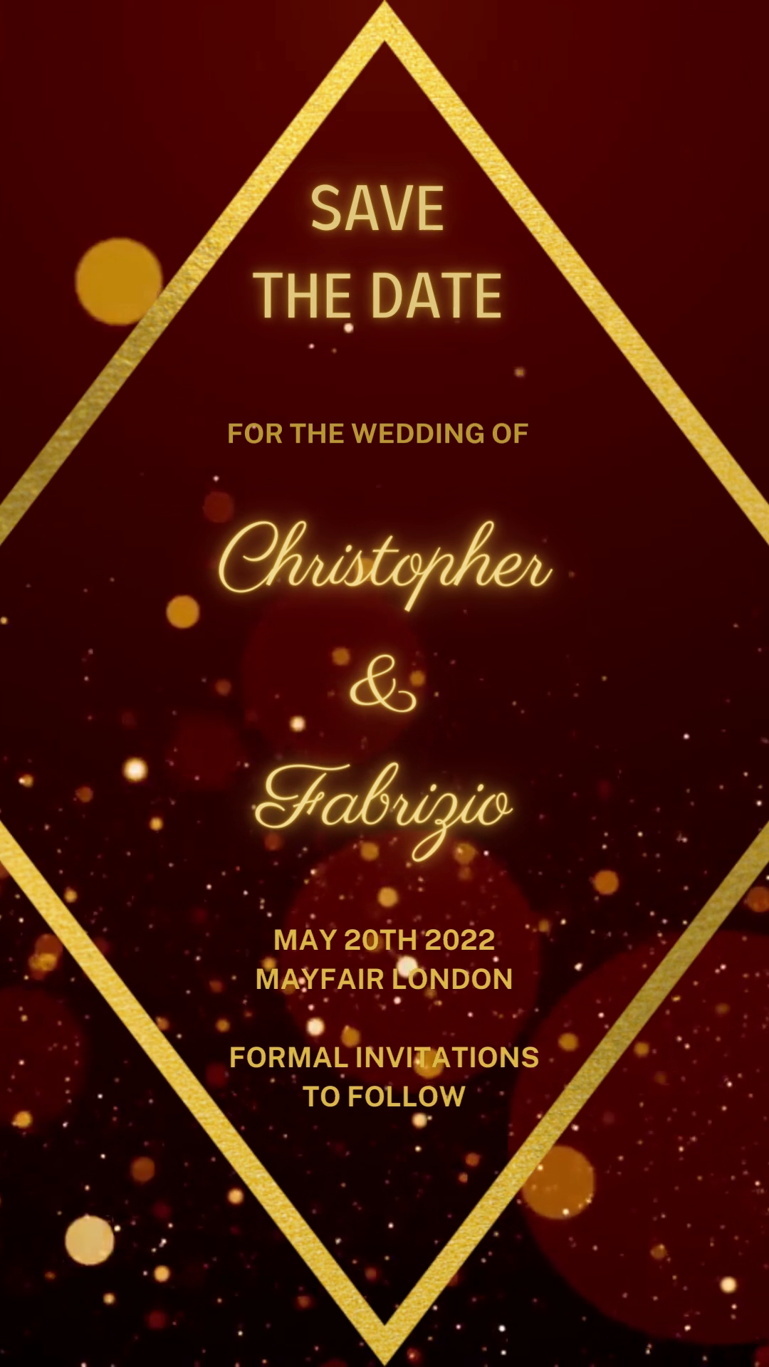 Burgundy Gold Diamond Save The Date Video Invitation, customizable with text and music via Canva, ideal for digital sharing.