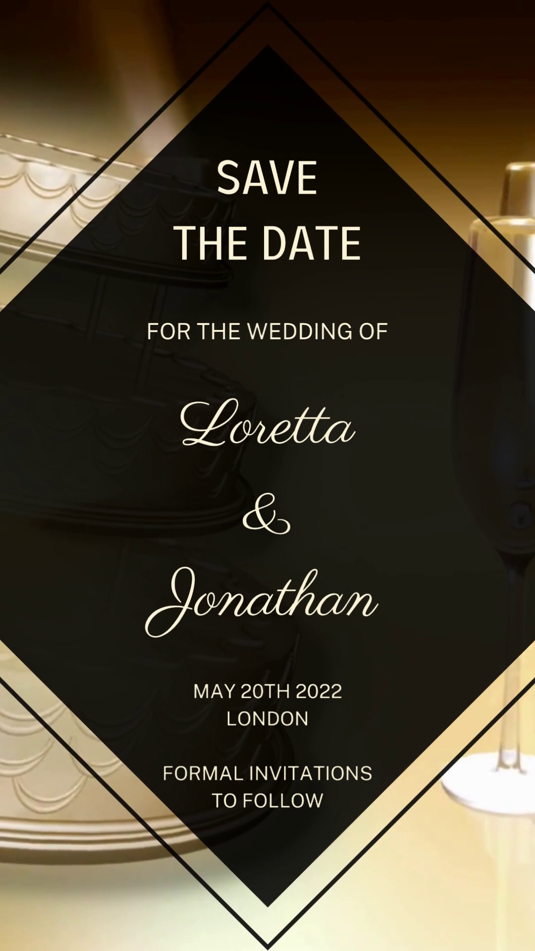 Champagne Cake Themed | Save The Date Video Invitation template featuring black and gold design, customizable text, and editable via Canva for digital sharing.