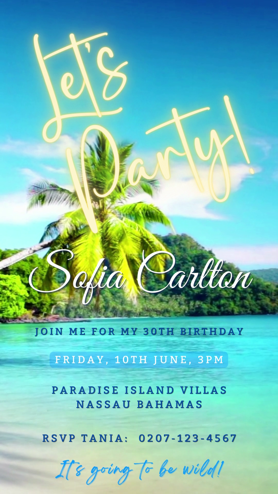 Digital Beach Shore Island | Let's Party Video Invitation featuring palm trees, blue water, and editable text overlay for customizable event details via Canva.