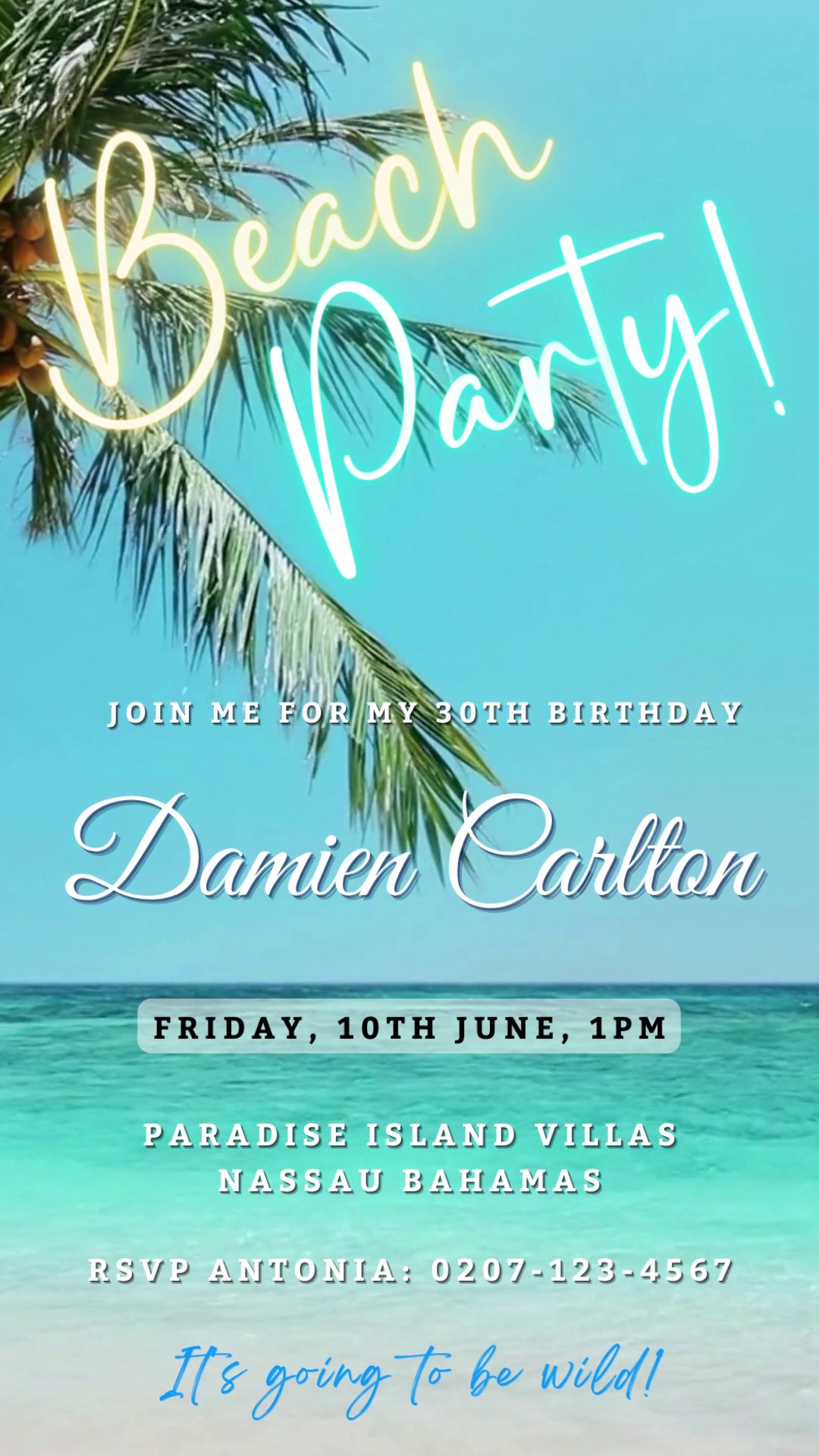 Palm Beach Shore customizable party video invitation featuring a palm tree, blue sky, and water, editable via Canva for digital sharing.