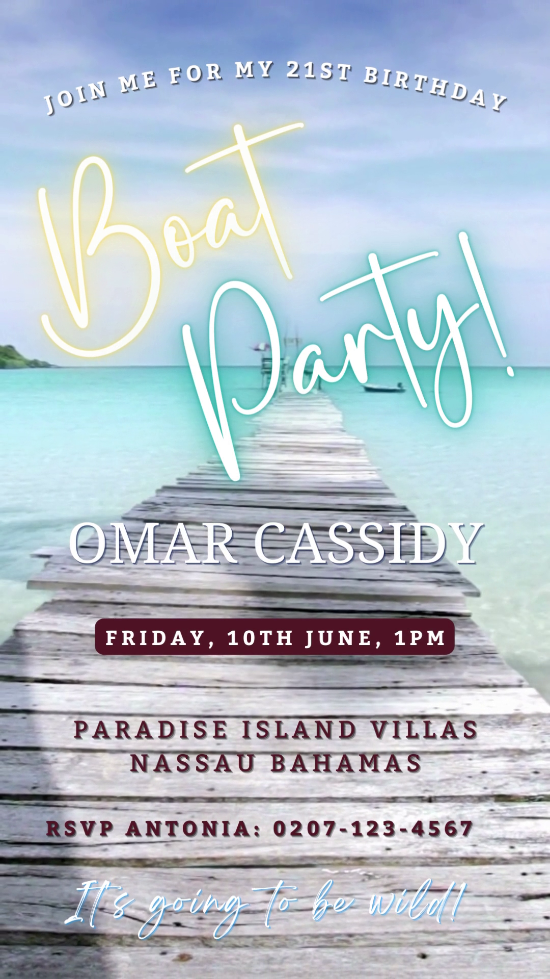 Beach Boat Party Video Invitation template featuring a wooden dock on water, customizable with Canva for digital event invites. Download and personalize for easy sharing.