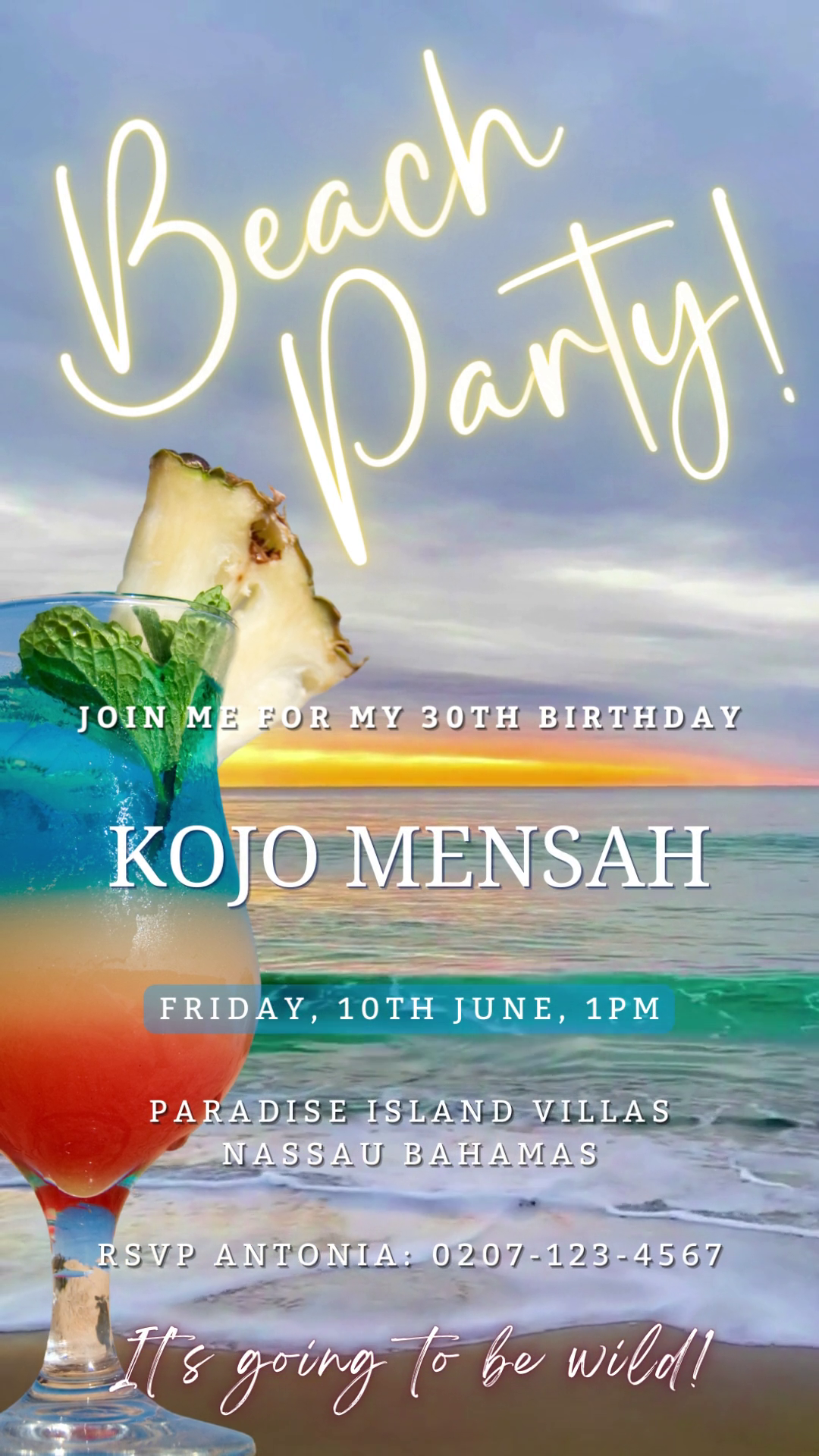Beach Ocean Sound | Party Video Invitation displayed in a tropical setting with a cocktail garnished with pineapple and mint, emphasizing the customizable digital aspect.