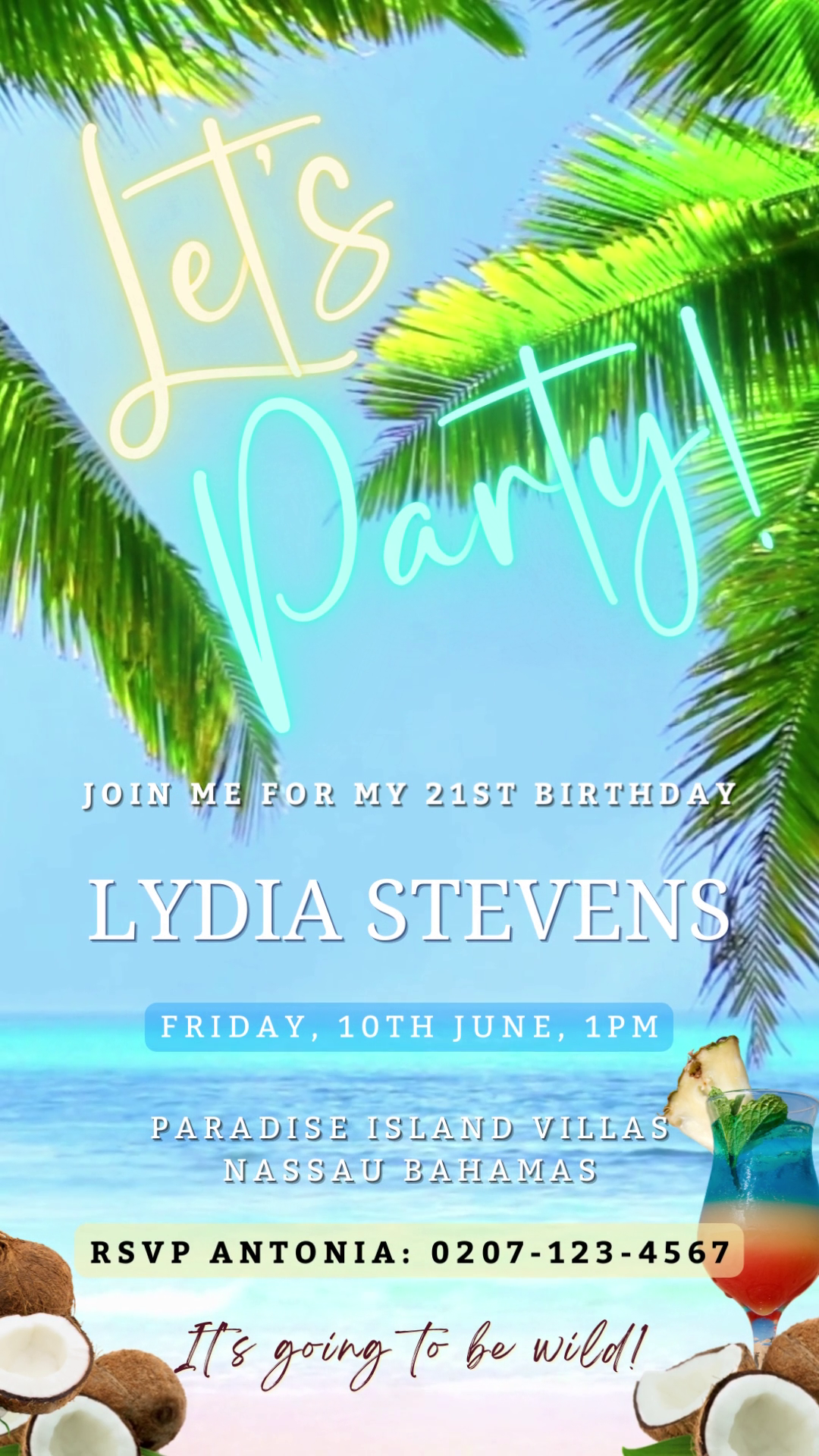 Ocean Sound Palm Beach | Party Video Invitation with customizable text, palm trees, and coconuts, designed for easy personalization via Canva, perfect for electronic sharing.