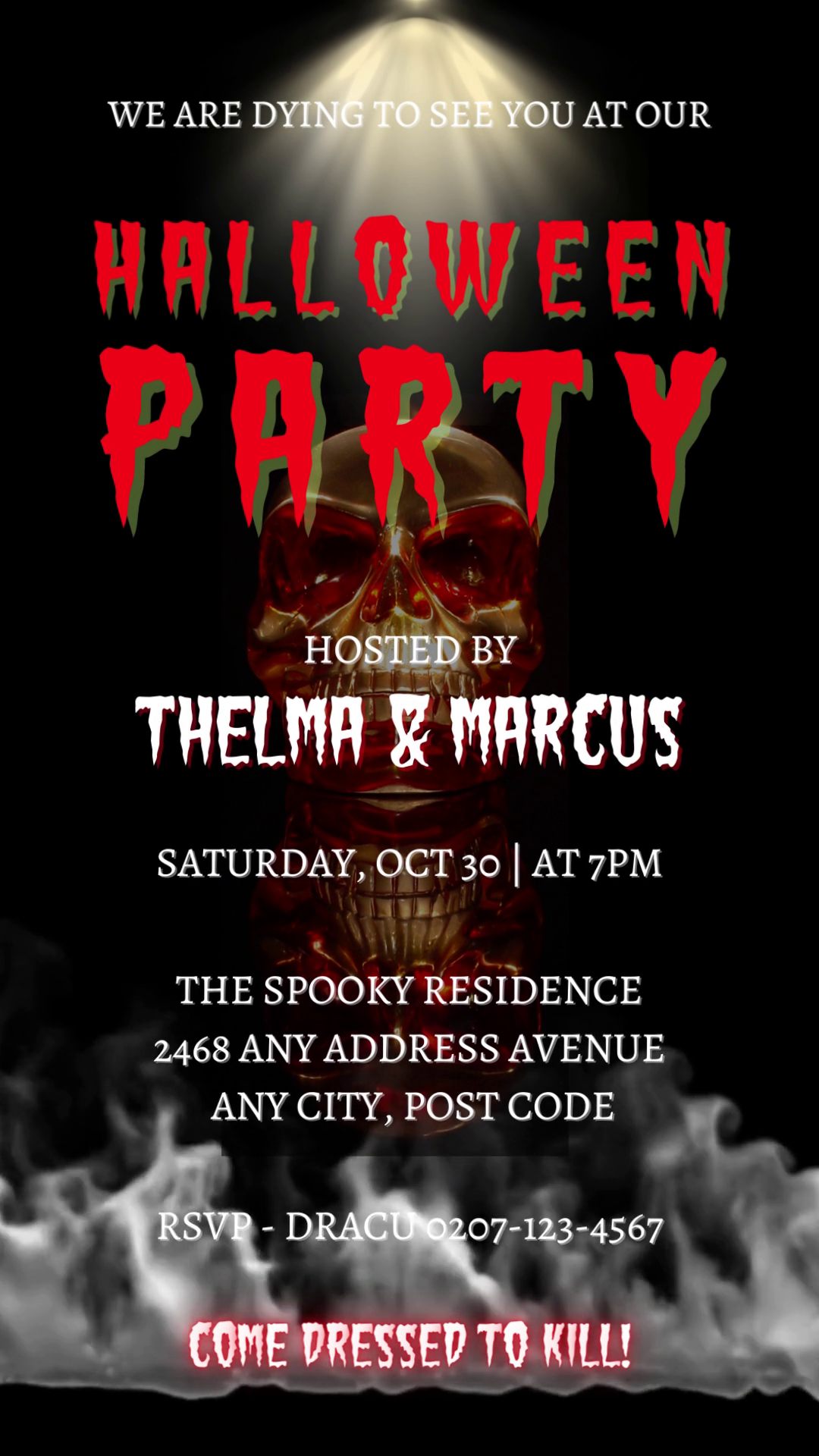 Red Smoking Skull Halloween Party Video Invite, featuring a red skull hologram with white smoke and editable text, designed for digital personalization via Canva.
