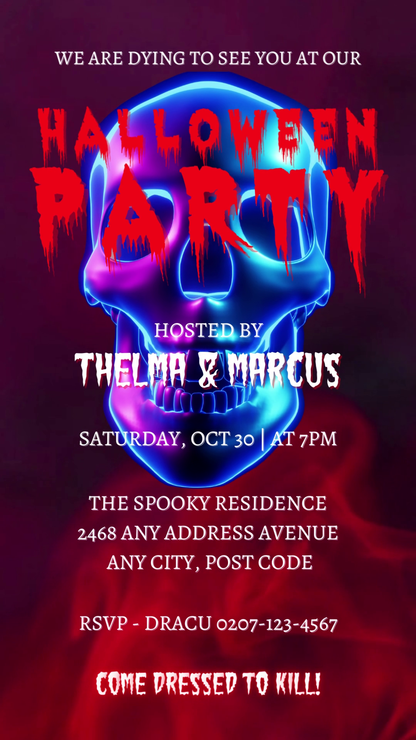 Blue Smoking Neon Skull Halloween Party Video Invite features a skull with vibrant neon text, perfect for a customizable, spooky digital invitation.