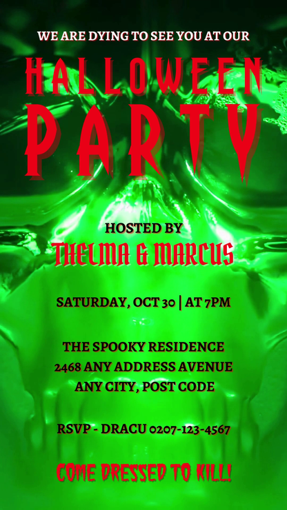 Neon Green Skull Halloween Party Video Invite with editable text, spooky sound effects, and customizable elements via Canva. Ideal for digital sharing through various messaging platforms.