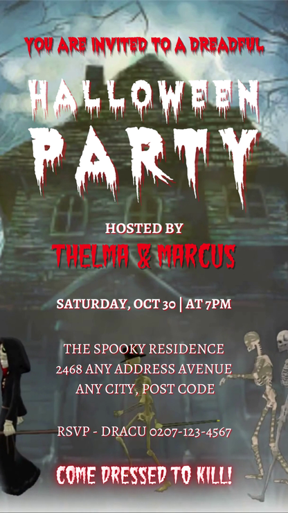 Hunted House & Ghosts Halloween Party Video Invite with spooky graphics, customizable text, and a skeleton dog illustration.