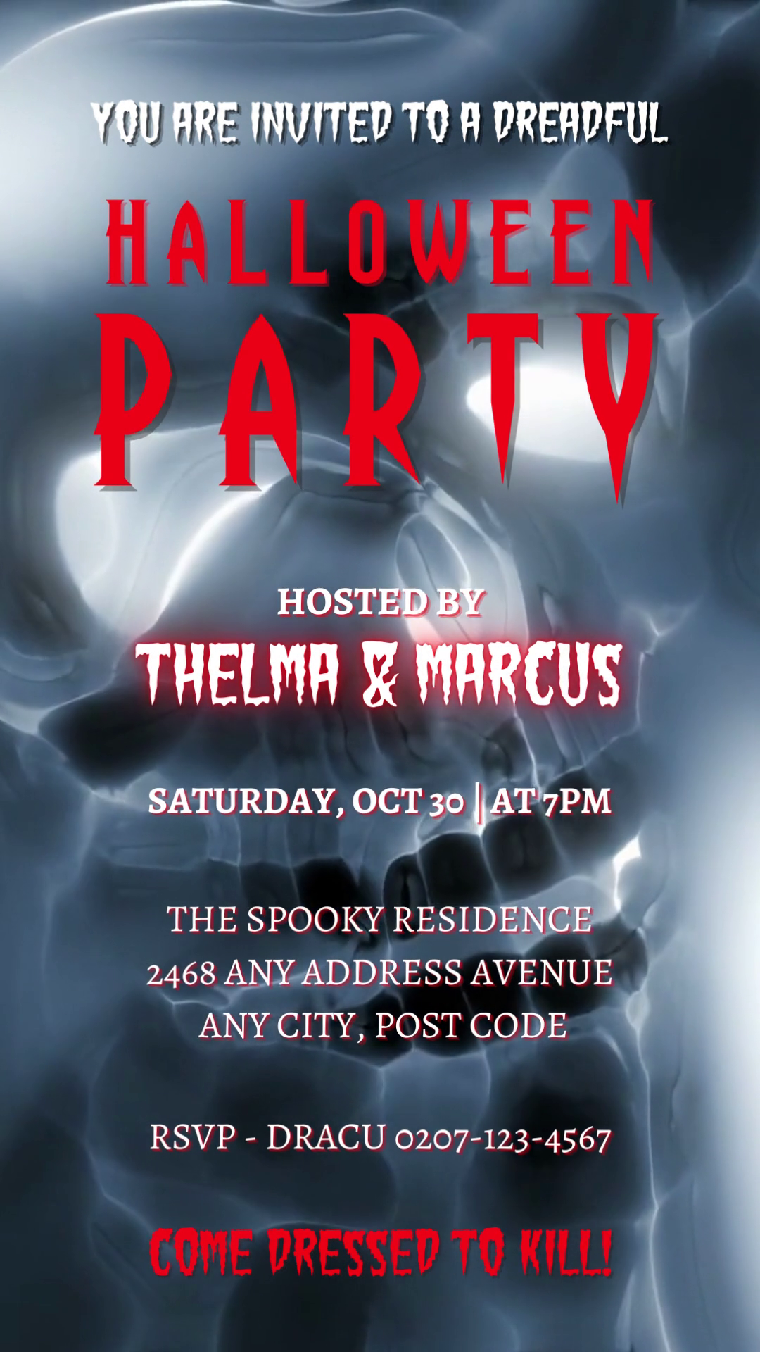 Digital poster titled Spooky Lava Ghost Skull | Halloween Party Video Invite featuring a skull design and customizable text for a Halloween party.