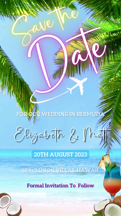 Customizable Palm Beach Destination Save The Date Video Invitation featuring palm trees and a beach, editable via Canva for electronic sharing.