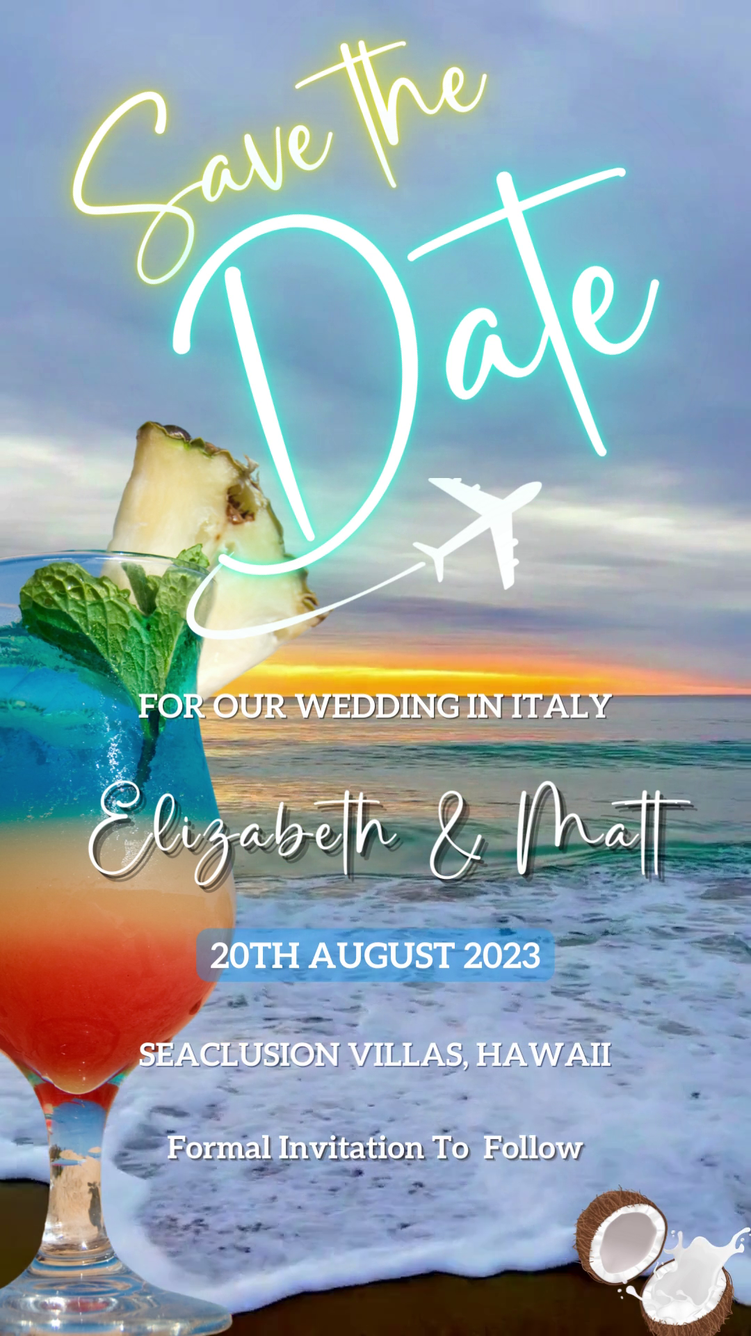 Sunset Beach Cocktail Destination | Save The Date Video Invitation, featuring a cocktail with a fruit garnish, customizable via Canva for digital sharing.