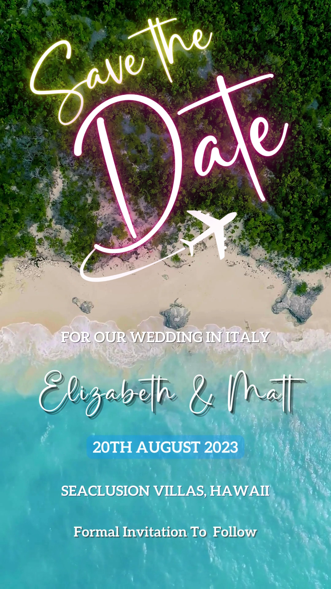 Exotic Beach Destination | Save The Date Video Invitation with customizable text, featuring a beach scene, airplane, and editable sign. Downloadable and editable via Canva.