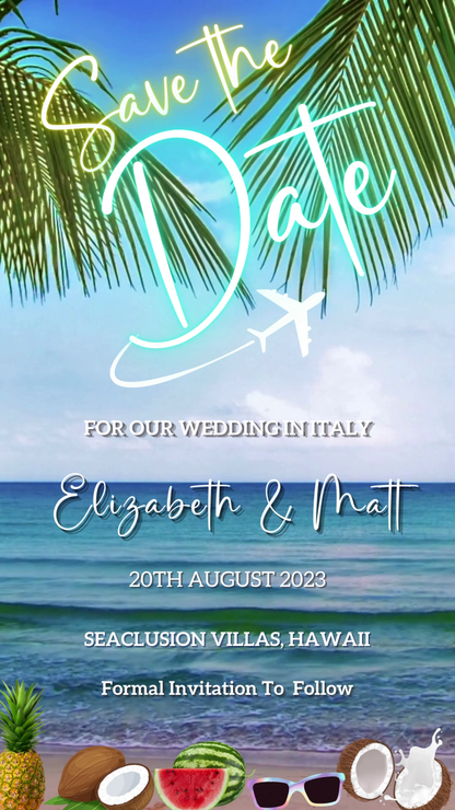 Tropical Fruit Beach Destination | Save The Date Video Invitation featuring palm trees, water, and tropical fruits. Customizable digital template for smartphones, editable on Canva.