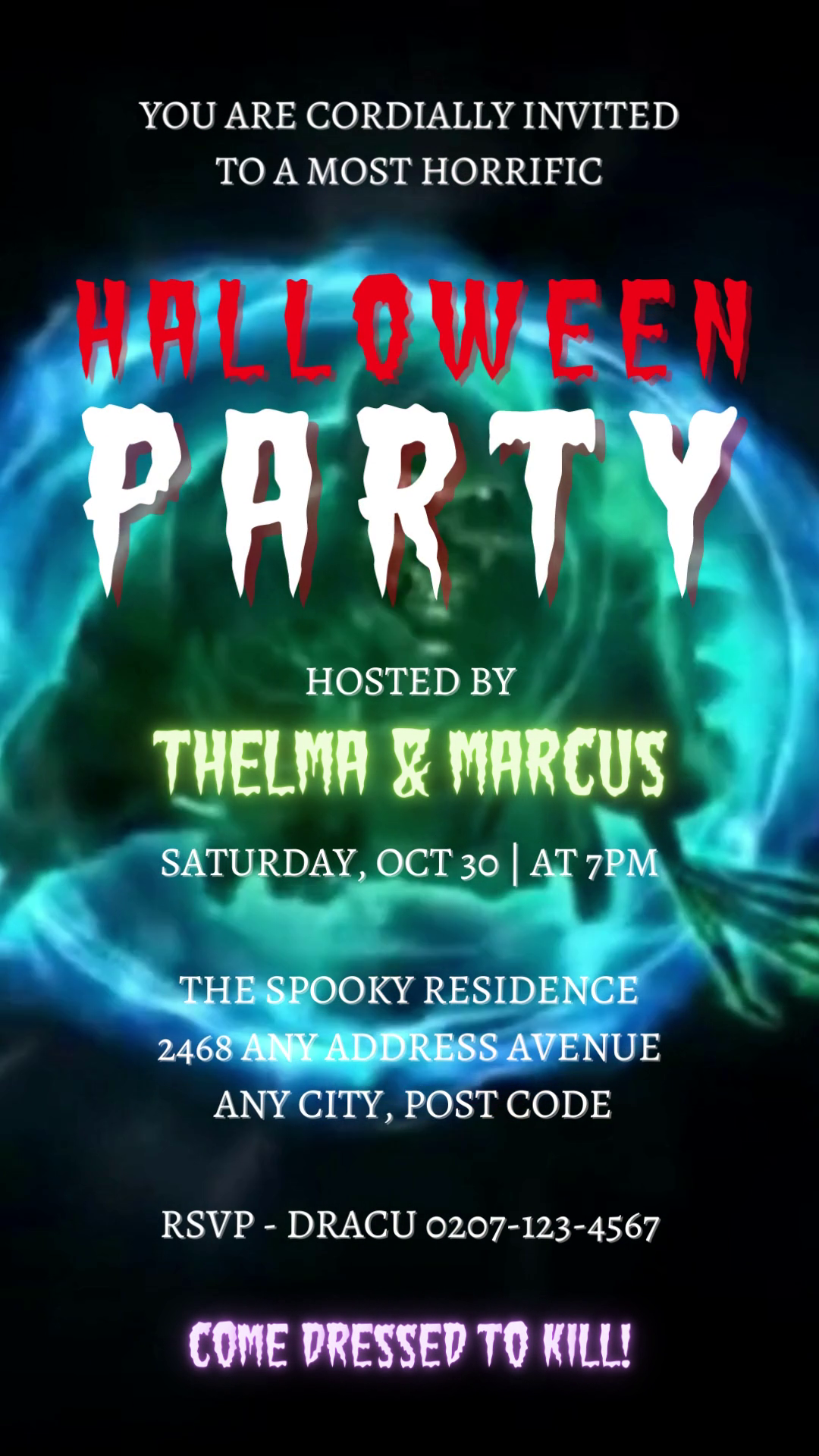 Scary Neon Ghost | Halloween Party Video Invite featuring a spooky ghost and skull emerging from darkness, with editable text and graphics via Canva. Digital download, no physical product.