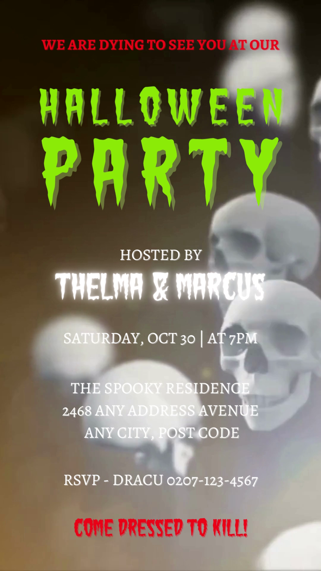 Spinning Smoking Skulls | Halloween Party Video Invite with green text and skulls, featuring eerie visuals and spooky soundtrack. Editable via Canva for personalized electronic invitations.