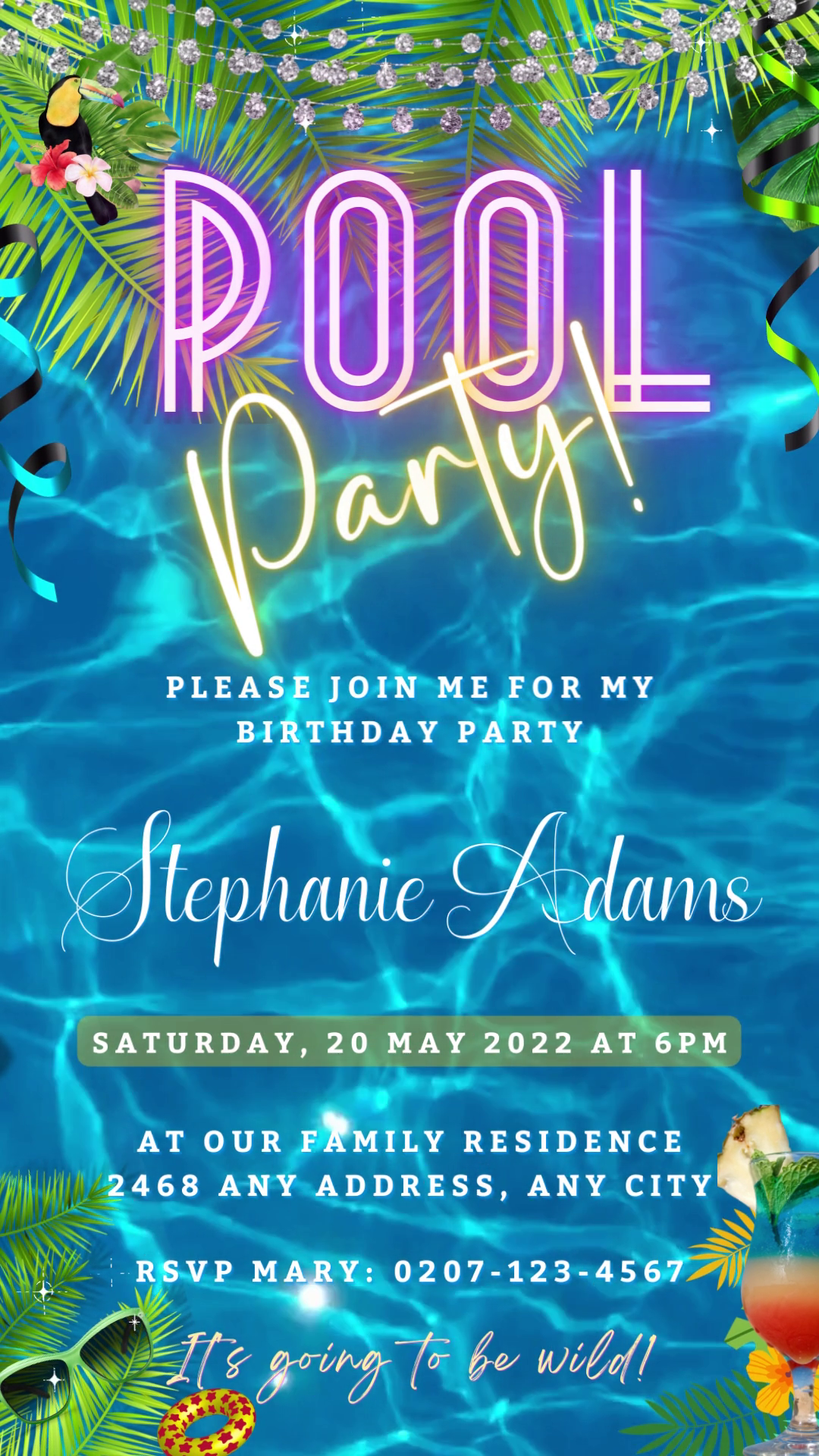 Blue Water Pool Party Video Invitation with colorful text and streamers, customizable via Canva for easy event personalization and electronic sharing.