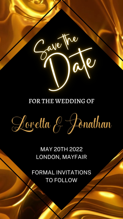Customizable Gold Black Diamond Save The Date Video Invitation for smartphones, editable via Canva, showcasing elegant black and gold design elements with customizable text.