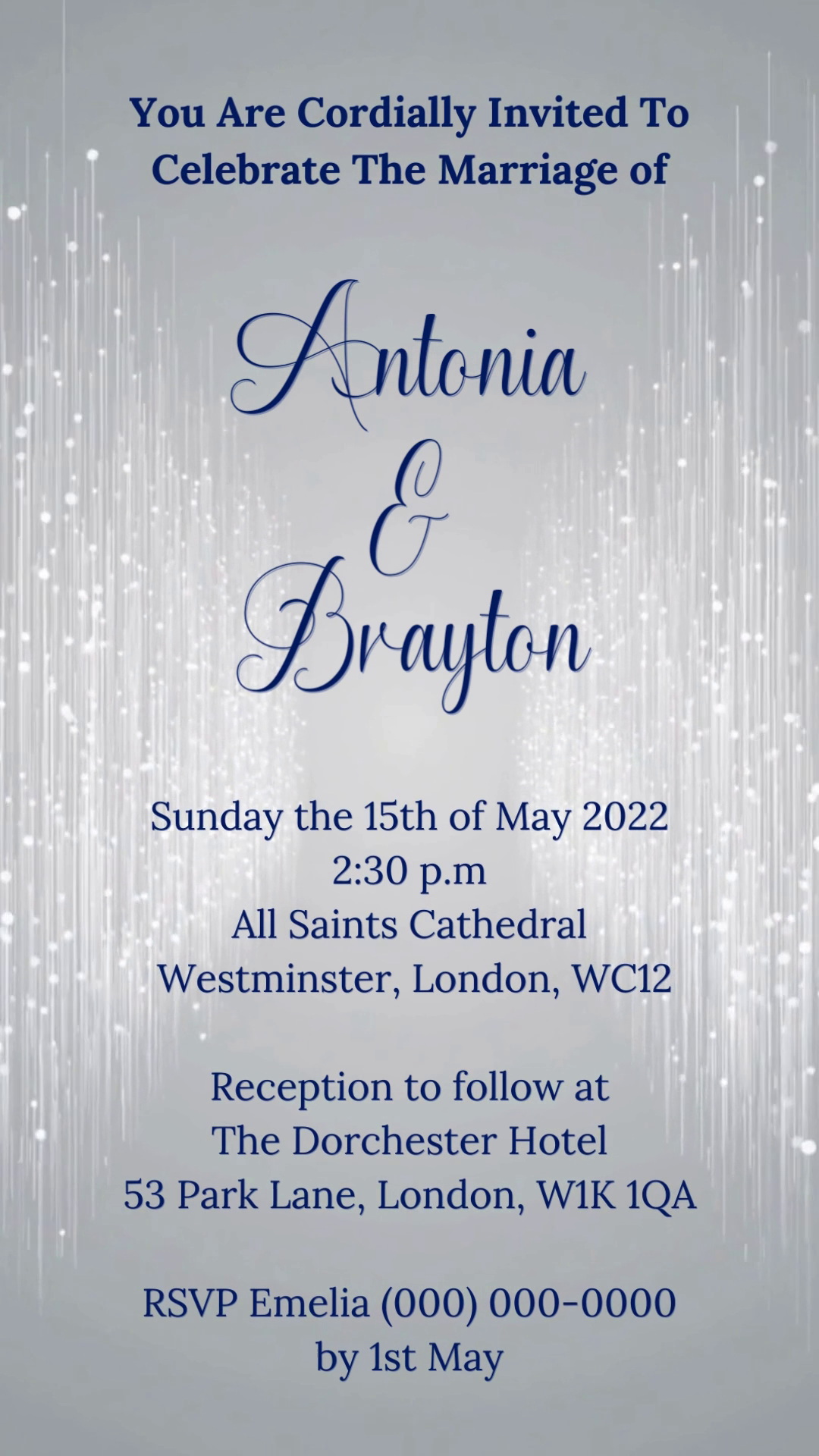 Silver Blue Glitter Wedding Video Invitation, customizable with Canva, featuring elegant white and blue design, perfect for digital sharing via smartphone.