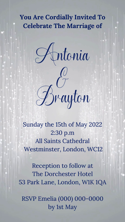 Silver Blue Glitter Wedding Video Invitation, customizable with Canva, featuring elegant white and blue design, perfect for digital sharing via smartphone.