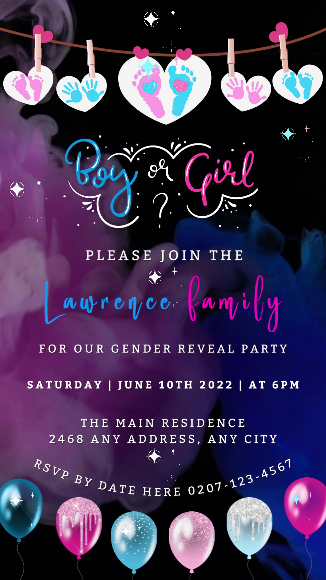 Dark Pink Blue Sky Hearts Gender Reveal Party Video Invitation with customizable text and heart graphic, designed for easy personalization via Canva.