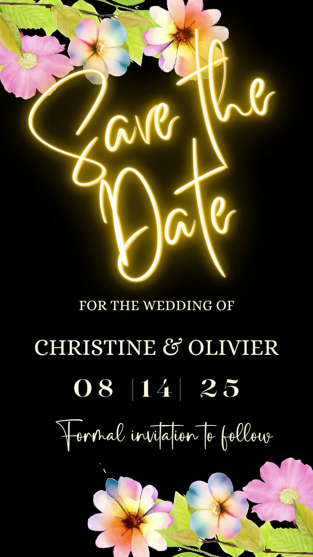 Floral Black Greenery Save The Date Video Invitation featuring colorful flowers on a black background, customizable with text and music using Canva, ideal for digital event invites.