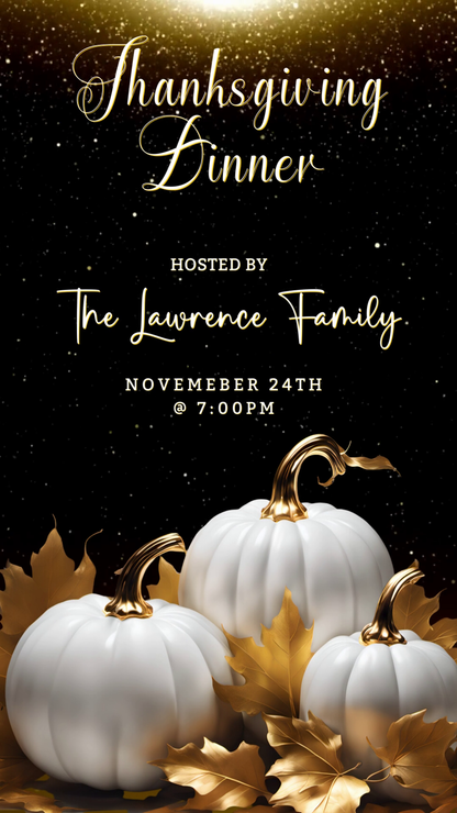 Gold Glitter Neon White Pumpkins Thanksgiving Dinner Video Invite with customizable text and gold leaves, designed for electronic sharing via Canva.