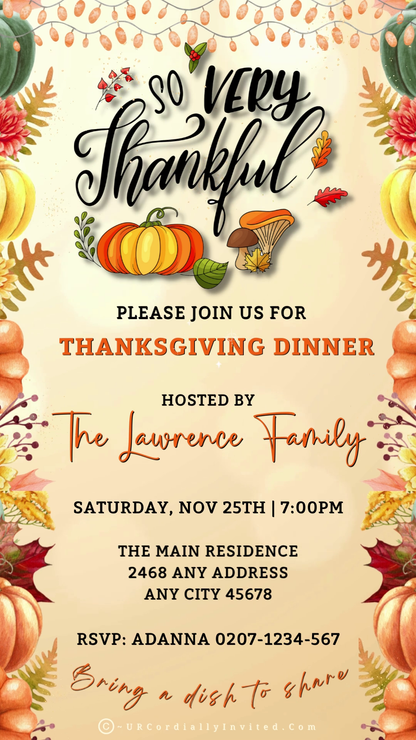 Thanksgiving Dinner Video Invite featuring pumpkins, leaves, and editable text in a Beige Gold Fruitful Sparkle design.