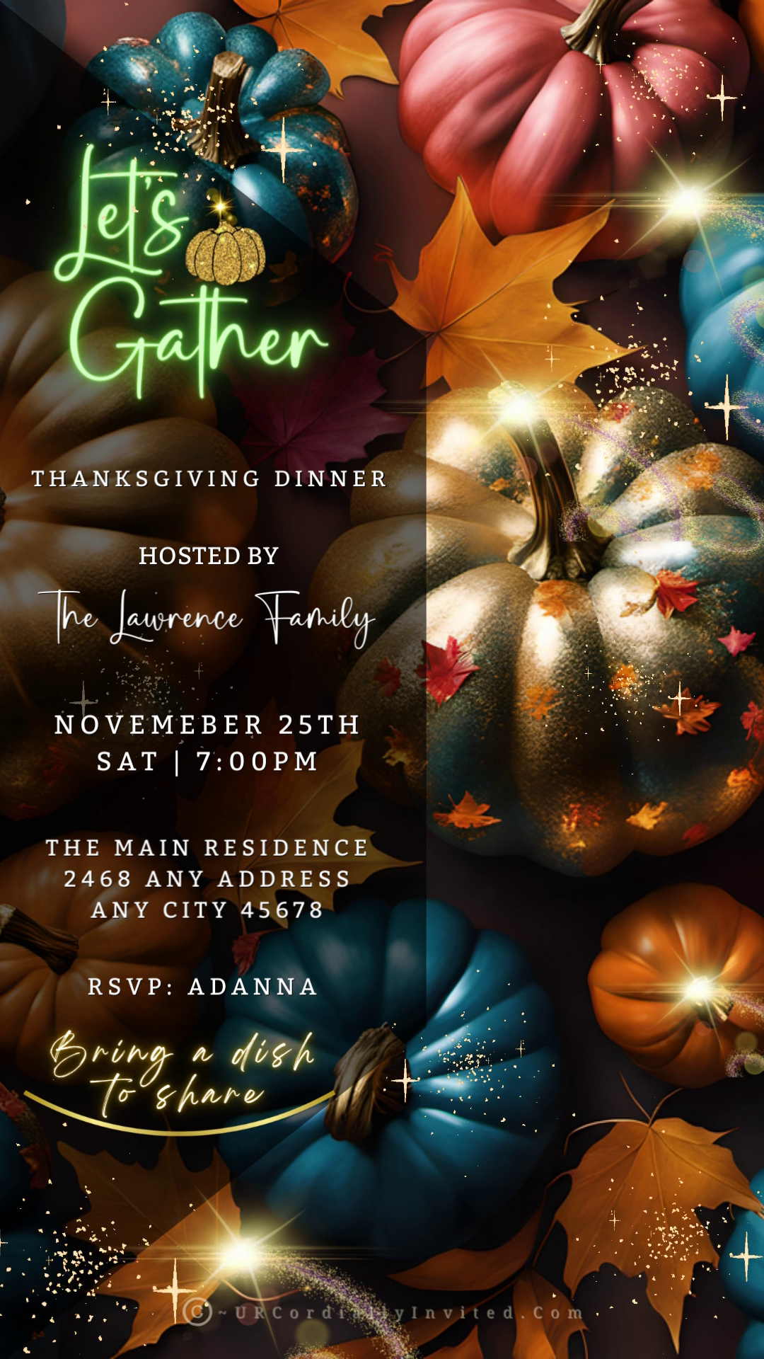 Thanksgiving Dinner Video Invite template featuring pumpkins and leaves, customizable with Canva for digital sharing via text, email, and messaging apps.