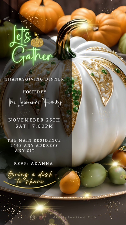 White and gold pumpkin with green and gold accents, used as a customizable Thanksgiving video invitation template from URCordiallyInvited.