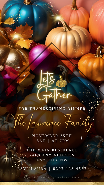 Personalized Multicoloured Sparkle Pumpkins Thanksgiving Dinner Video Invite template featuring pumpkins and leaves, editable via Canva for electronic sharing.