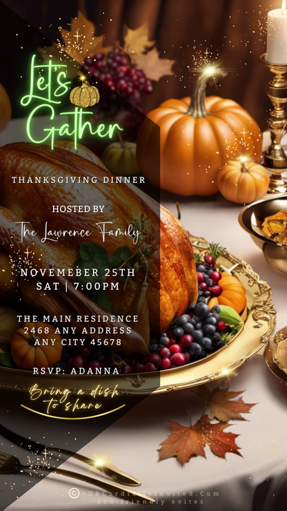 Thanksgiving invitation featuring a golden turkey on a platter, pumpkins, and elegant table setting. Text: “Gold Fruitful Platter Pumpkins | Thanksgiving Dinner Video Invite.”