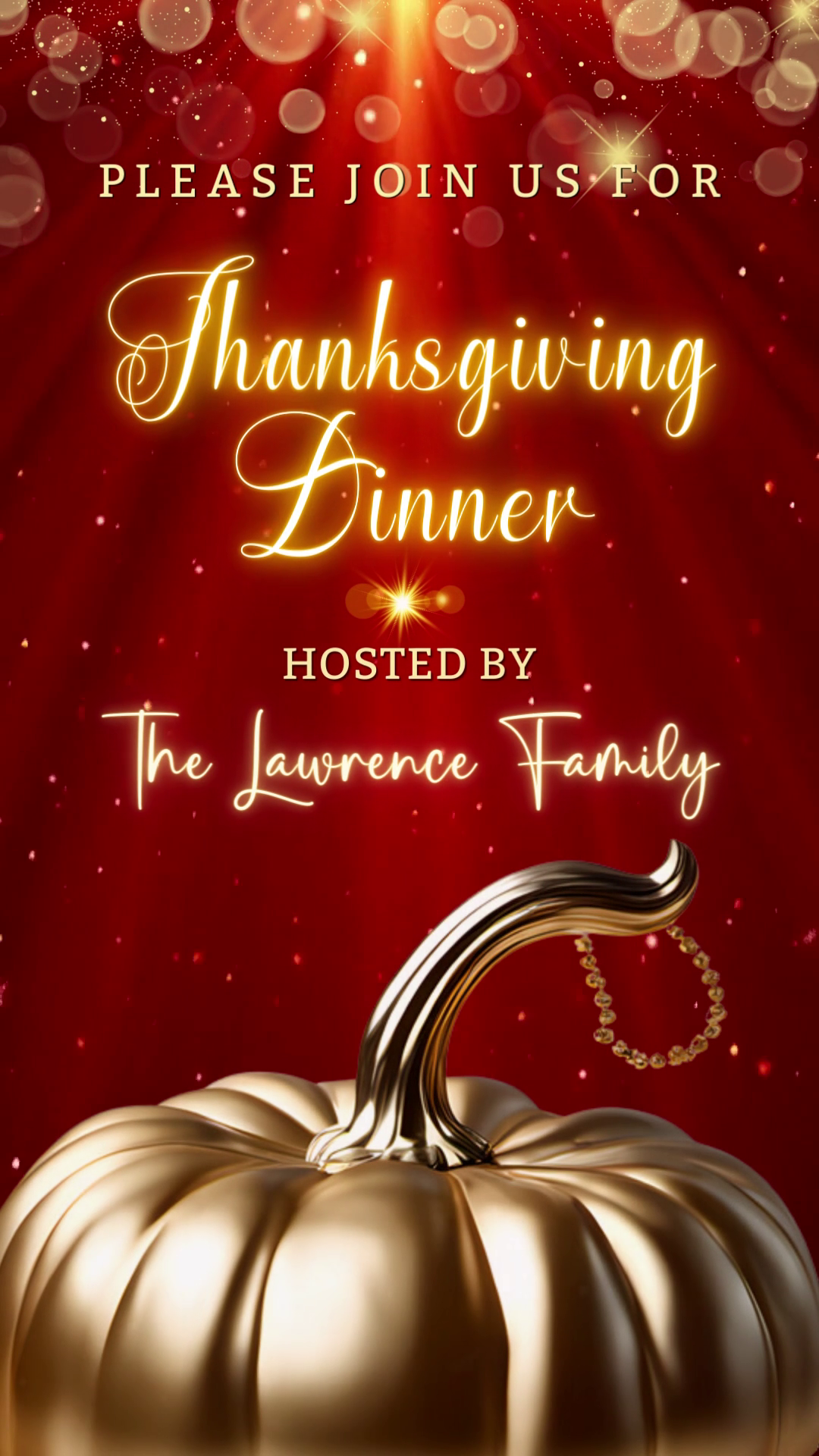 Red Gold Pumpkin Glitter Thanksgiving Dinner Video Invite template with a gold pumpkin, customizable via Canva for electronic sharing.