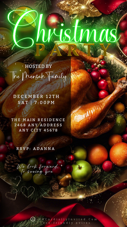 Green Neon Festive Food Platter | Christmas Video Invitation template showcasing a turkey and assorted fruits, customizable via Canva for easy personalization and digital sharing.