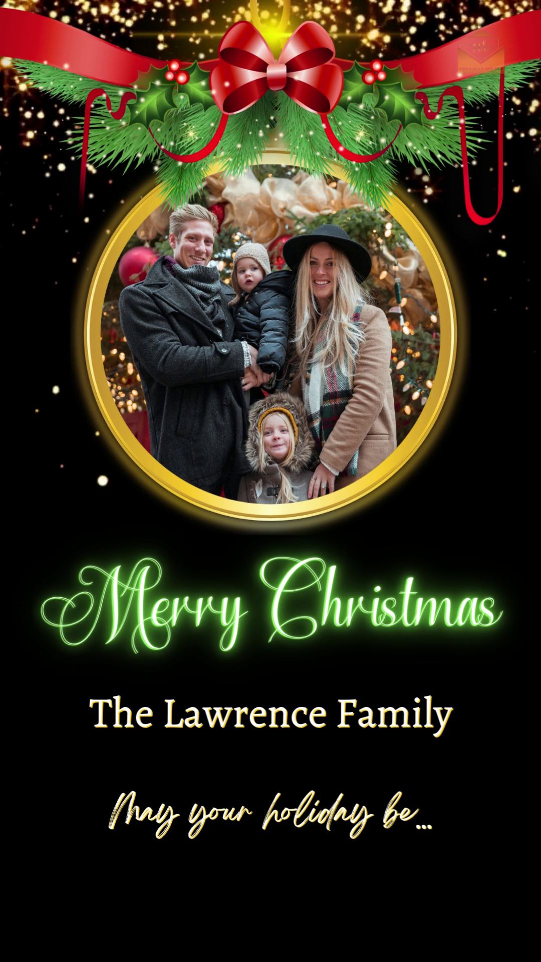 Family posing with a Neon Green Oval Ornament Photo Christmas Video Ecard, editable via Canva for personalized digital invitations.