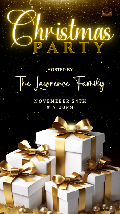 White and gold gift boxes with bows, representing the White Gold Leaves & Presents Christmas Video Invitation for easy DIY customization via Canva.