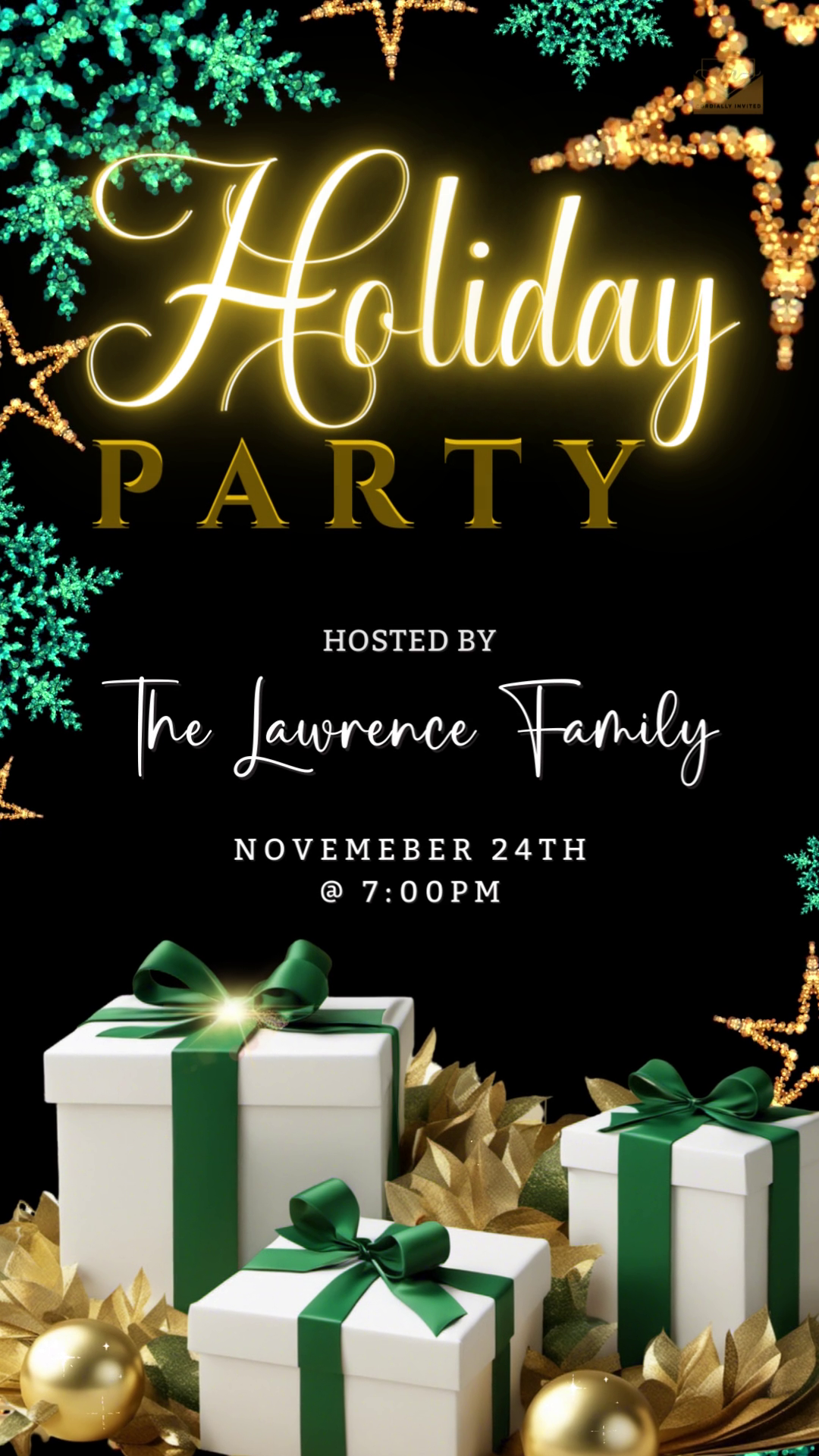 Neon Green Gold Leaves & Presents Christmas Video Invitation featuring holiday party elements like presents, stars, and gold decorations. Editable in Canva for personalized digital sharing.