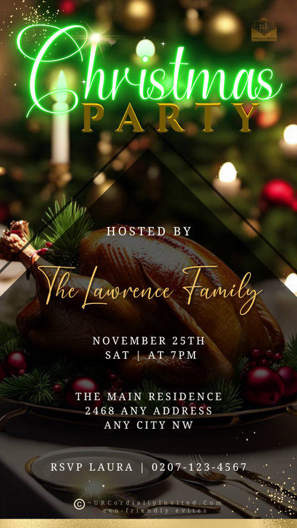 Christmas-themed video invitation template featuring a festive turkey adorned with pine branches, berries, candles, and a Christmas tree, available for customization via Canva.