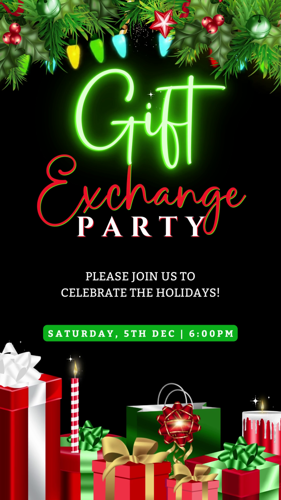 Colourful Lights Presents & Ornaments | Gift Exchange Party Video Invitation: Green sign, Christmas tree, red gift box with white ribbon, and candle.