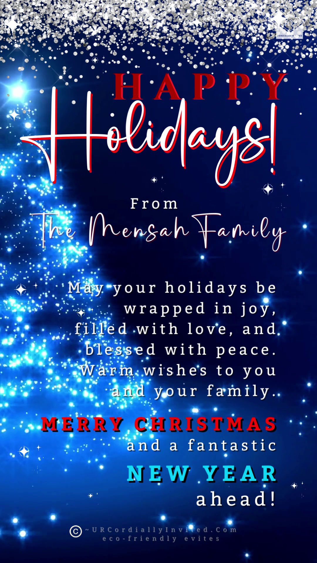 Editable digital Blue Crystal Silver | Happy Holidays video greeting ecard with customizable text, stars, and confetti design, ideal for personalizing and sending via digital platforms.