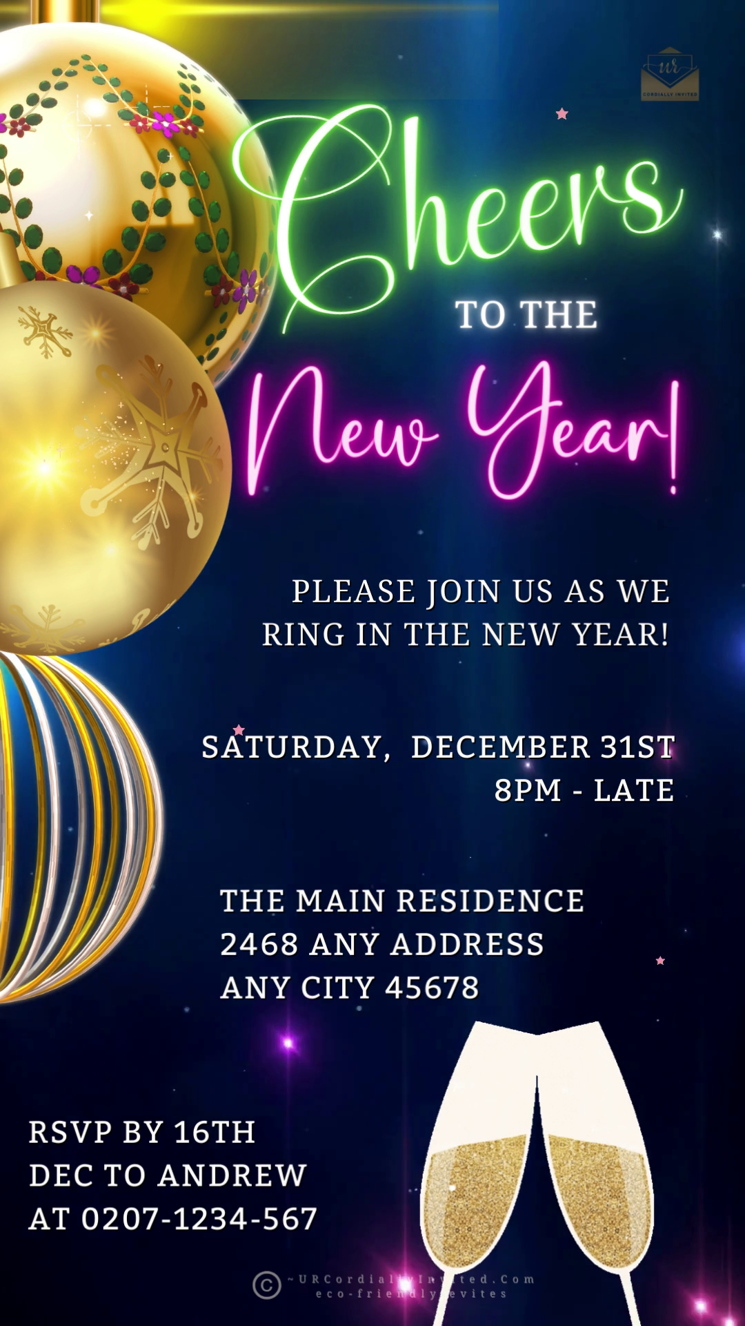 Ornamental digital invitation featuring gold Christmas ornament, champagne glasses, and neon lights for New Year's Eve party. Editable in Canva for easy personalization and electronic sharing.